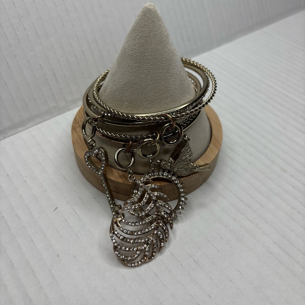 Set of 5 Gold Tone Stackable Bangles with Rhinestone Charms